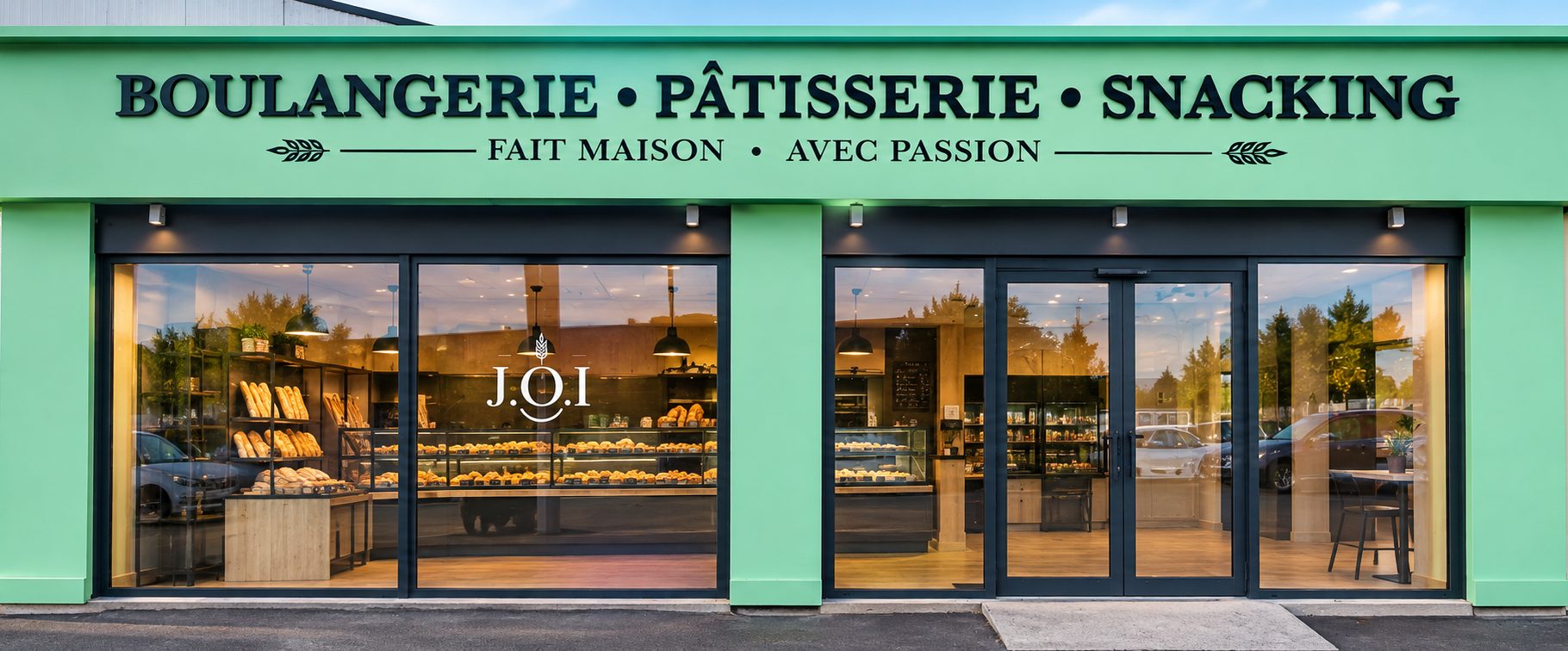 Devanture de la boulangerie J.O.I, vitrines éclairées sur les pains et les pâtisseries